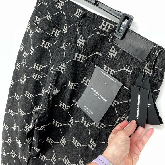 Homme + Femme NEW HF Logo Jeans Mens Sz 40 Black White Honeycomb Pattern Stretch - Picture 6 of 9
